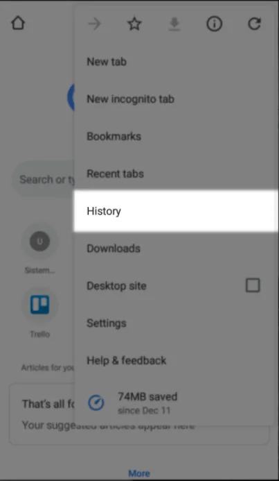 Posisi menu History
